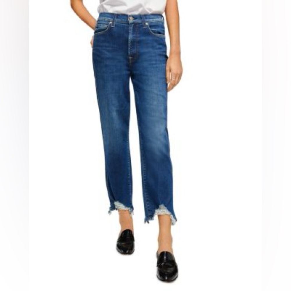 Seven for all Mankind High Waisted Cropped Straight Jeans with Chewed Hem